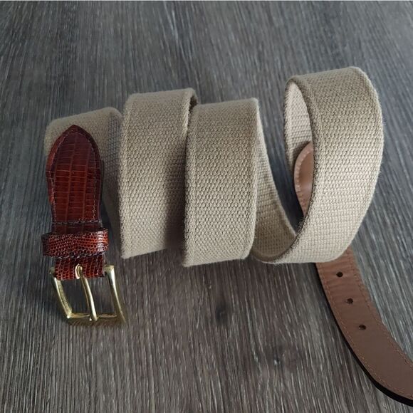 Linen Woven Belt Solid Brass Buckle Size 44 Tan - Picture 2 of 5